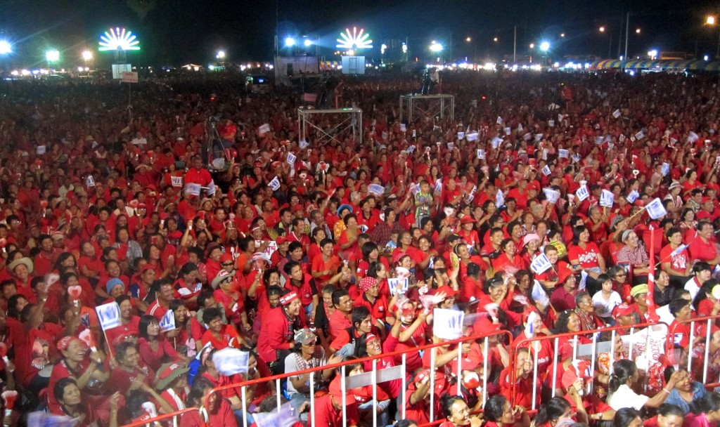 The Red crowd listens to Nattawut Saikua on Saturday night.