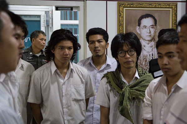 The Dao Din student activists inside Khon Kaen's Provincial Police Station. Photo credit: Jeremy Starn