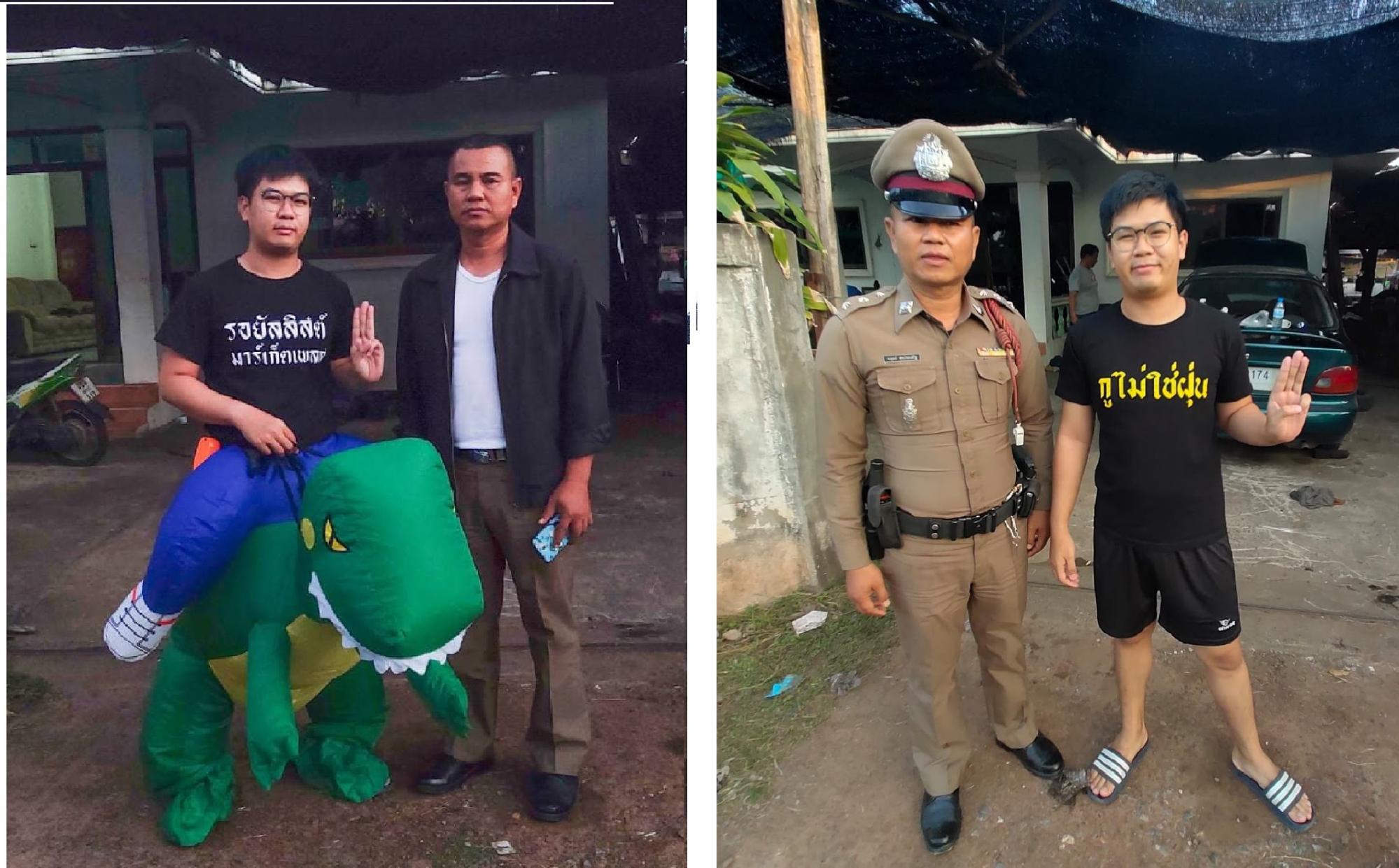 Pachara “Max” Sarntiyakul: “Time is on our side,” as he finds ways to include his police minders in the struggle. The t-shirt on the left says, “Royalist Marketplace.” The one on the right says, “I am not dust,” an indirect reference to personal pronoun used by commoners when addressing the king, “Dust under His Royal Foot.” Source: Pachara Sarntiyakul

